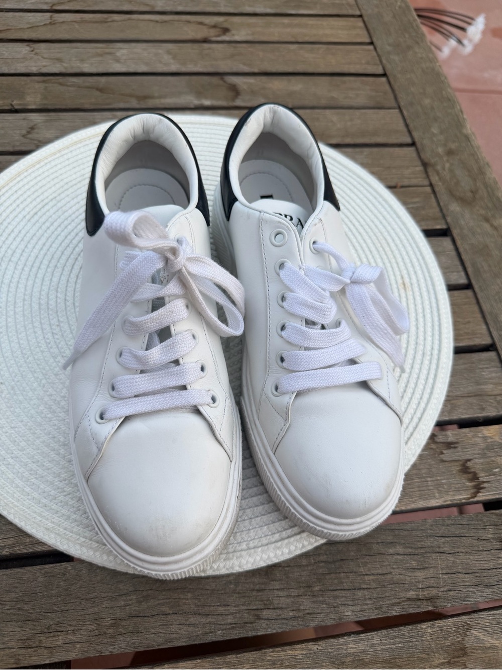 Prada White Leather Sneakers with Black Heel